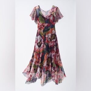 Komarov Floral Pleated Maxi Dress in Navy, Pink & Green
